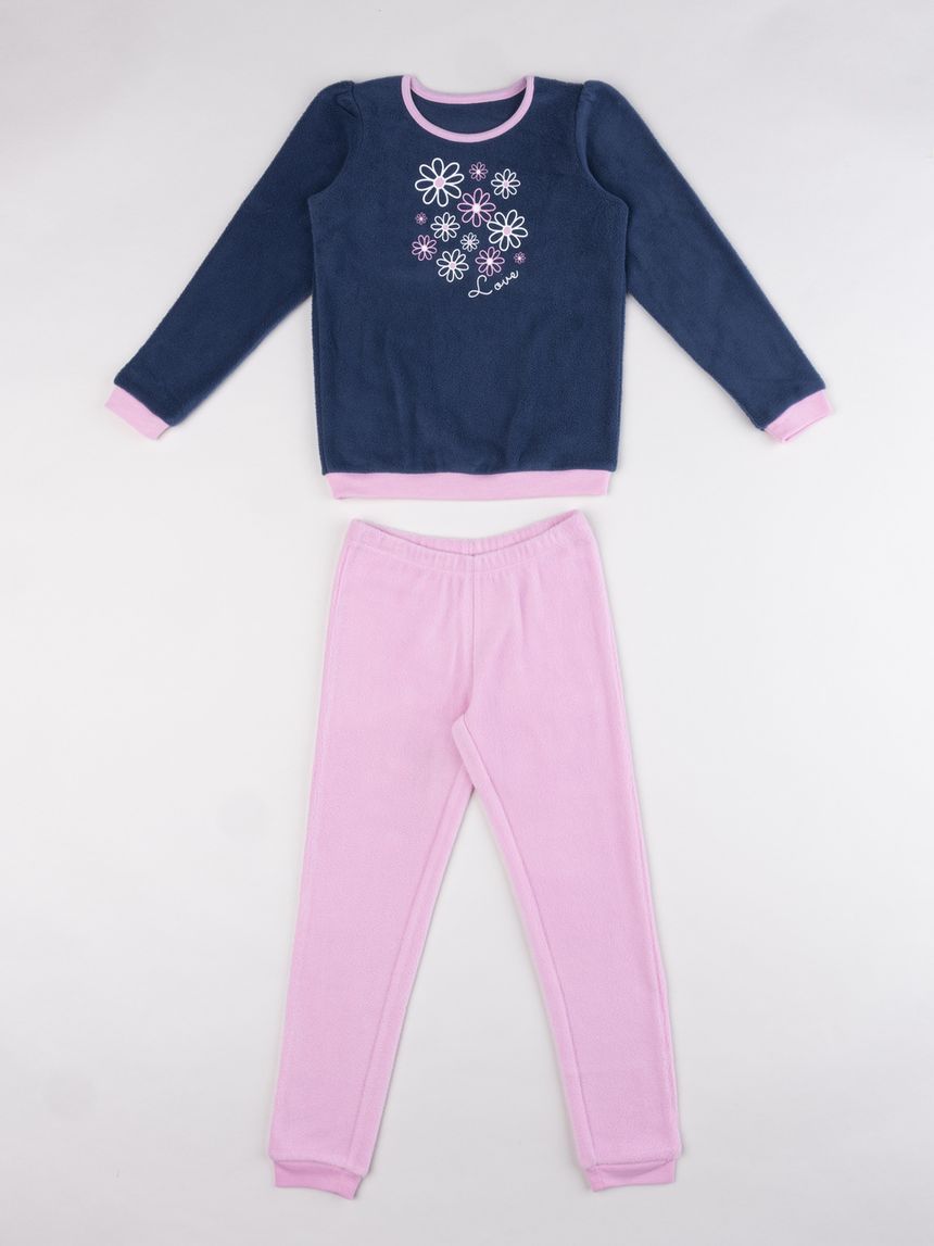 Pigiama invernale bambina in pile con fiori e scritta "love"