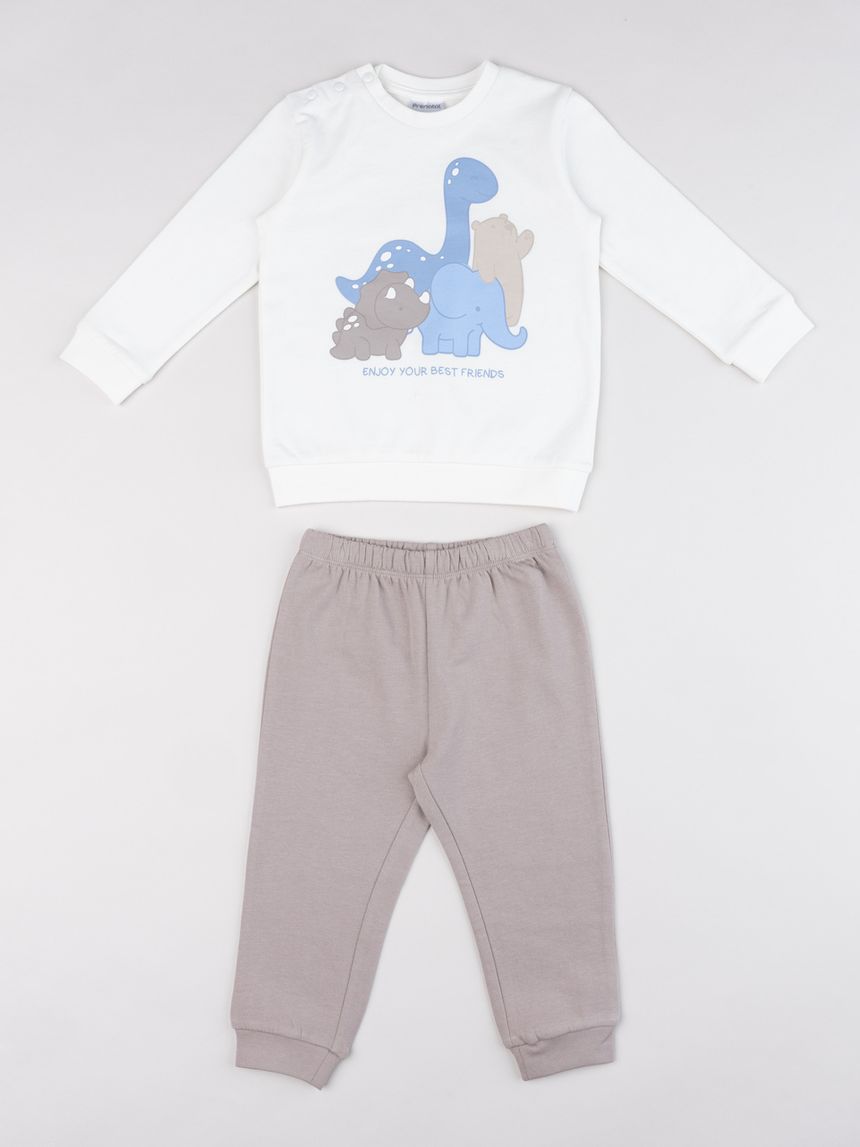 Pigiama felpato due pezzi bimbo panna/beige "dino"