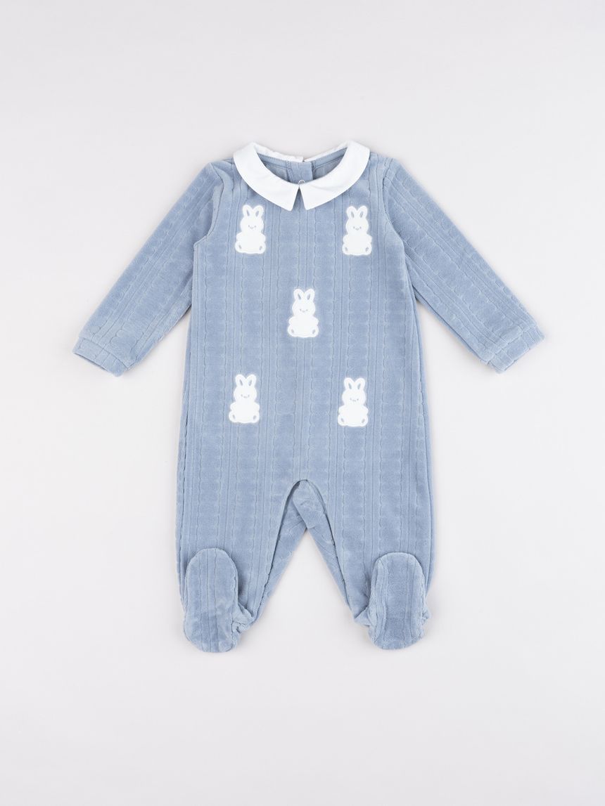 Tutina neonato ciniglia azzurra coniglietti