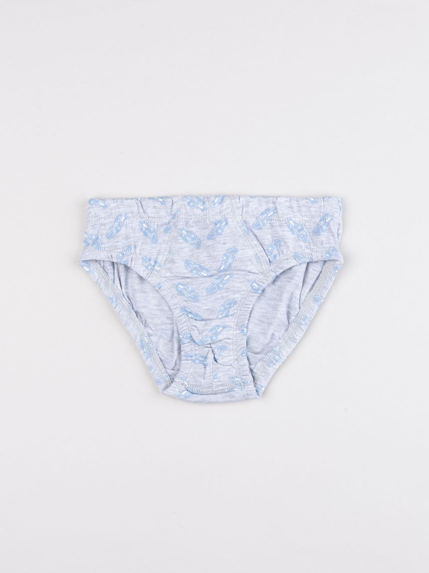 Slip bambino in cotone grigio melange con stampa macchinine