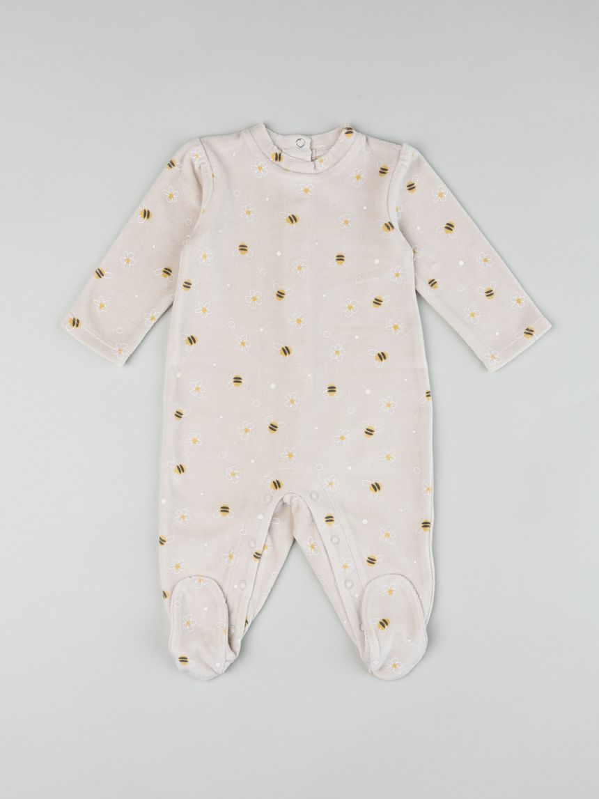 Tutina ciniglia bimba beige "fiori e api"