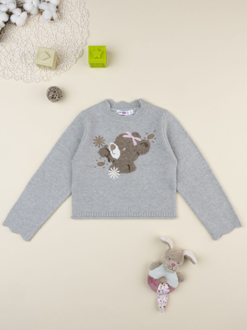 Maglia tricot girocollo bimba grigia con orso