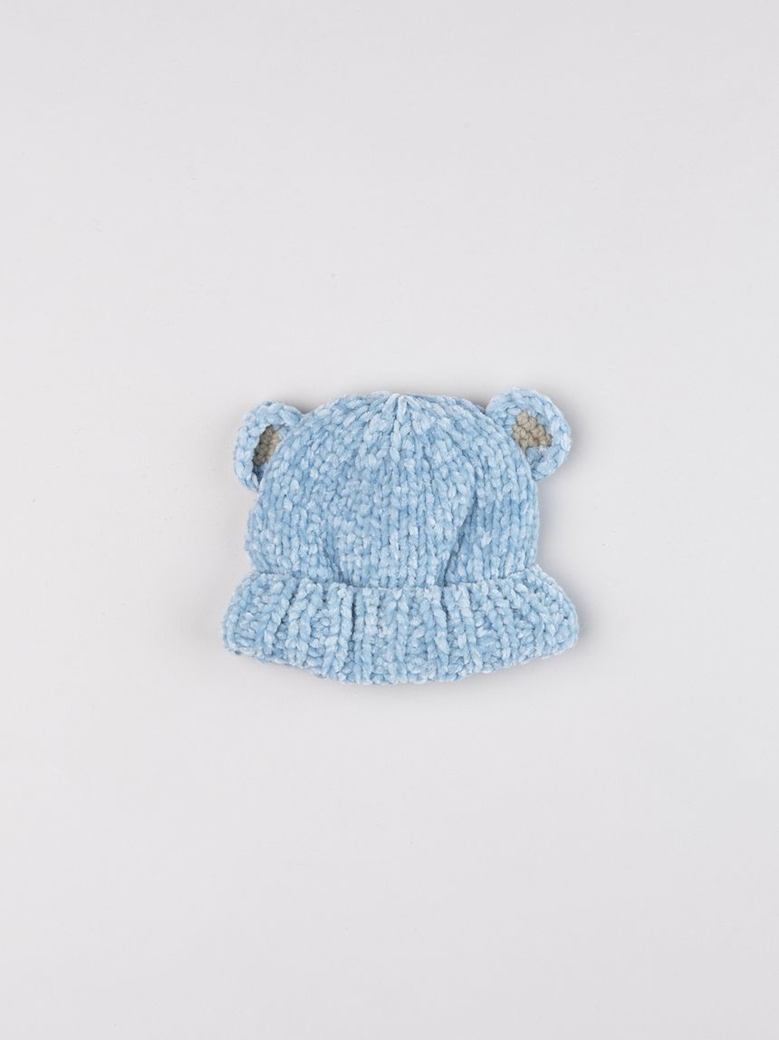 Cappellino neonato in ciniglia celeste con orecchiette