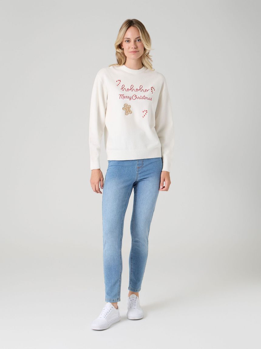 Maglione natalizio donna panna con ricami natalizi – pullover "ho ho ho"