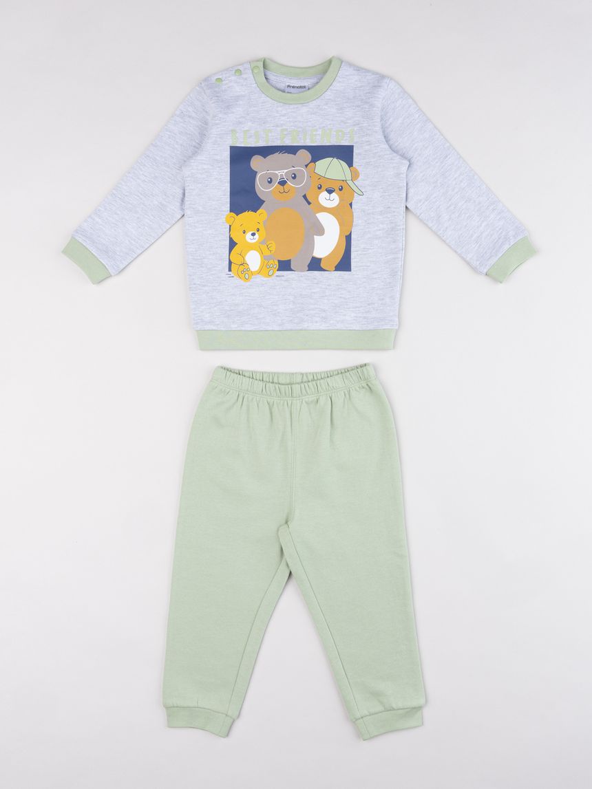 Pigiama due pezzi bimbo grigio/verde con stampa orsetti