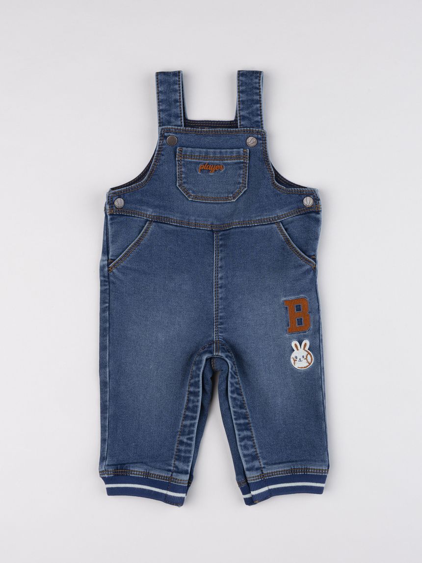 Salopette in denim scuro neonato con patch coniglietto
