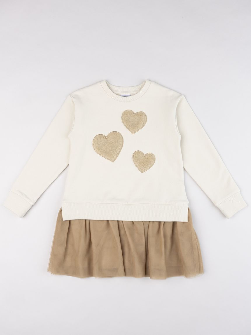 Abito felpato bambina con gonna in tulle beige/marrone