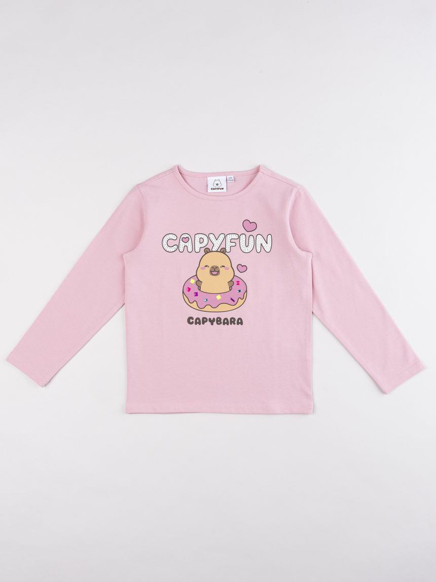 T-shirt bambina maniche lunghe rosa con grafica capybara - "capyfun"