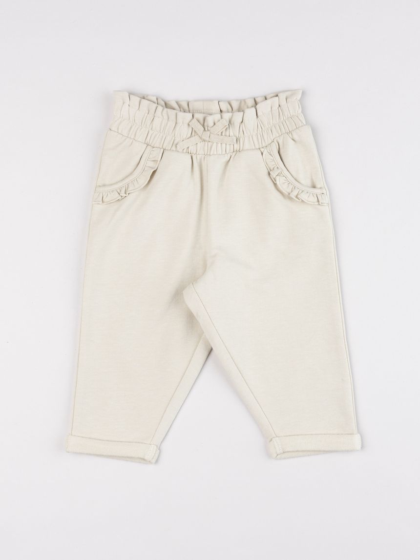 Pantaloni little wild con volto di gatto e fiocco ecru bimba