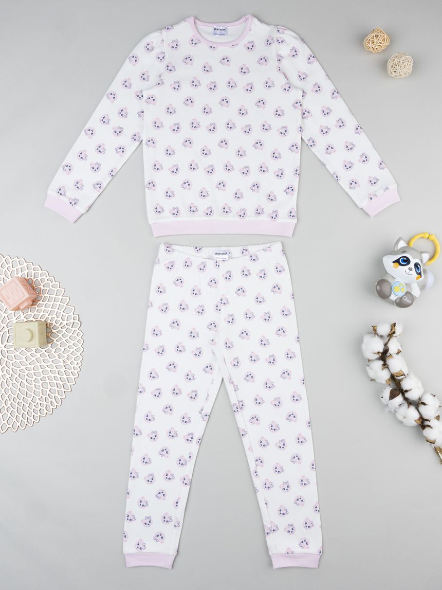 Pigiama lungo bambina bianco/rosa gatti