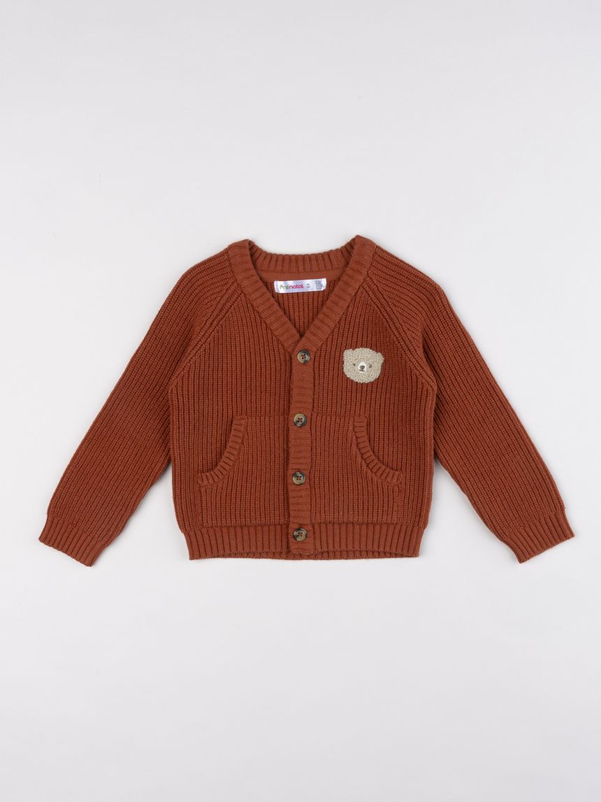 Cardigan bimbo in maglia a coste ruggine con orsetto