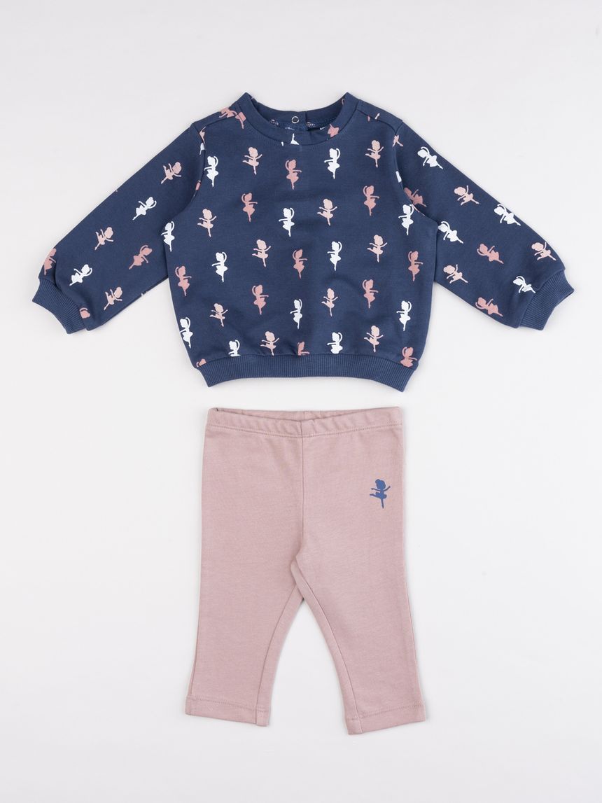 Jogger garzato bimba 2 pezzi felpa blu notte e leggings rosa