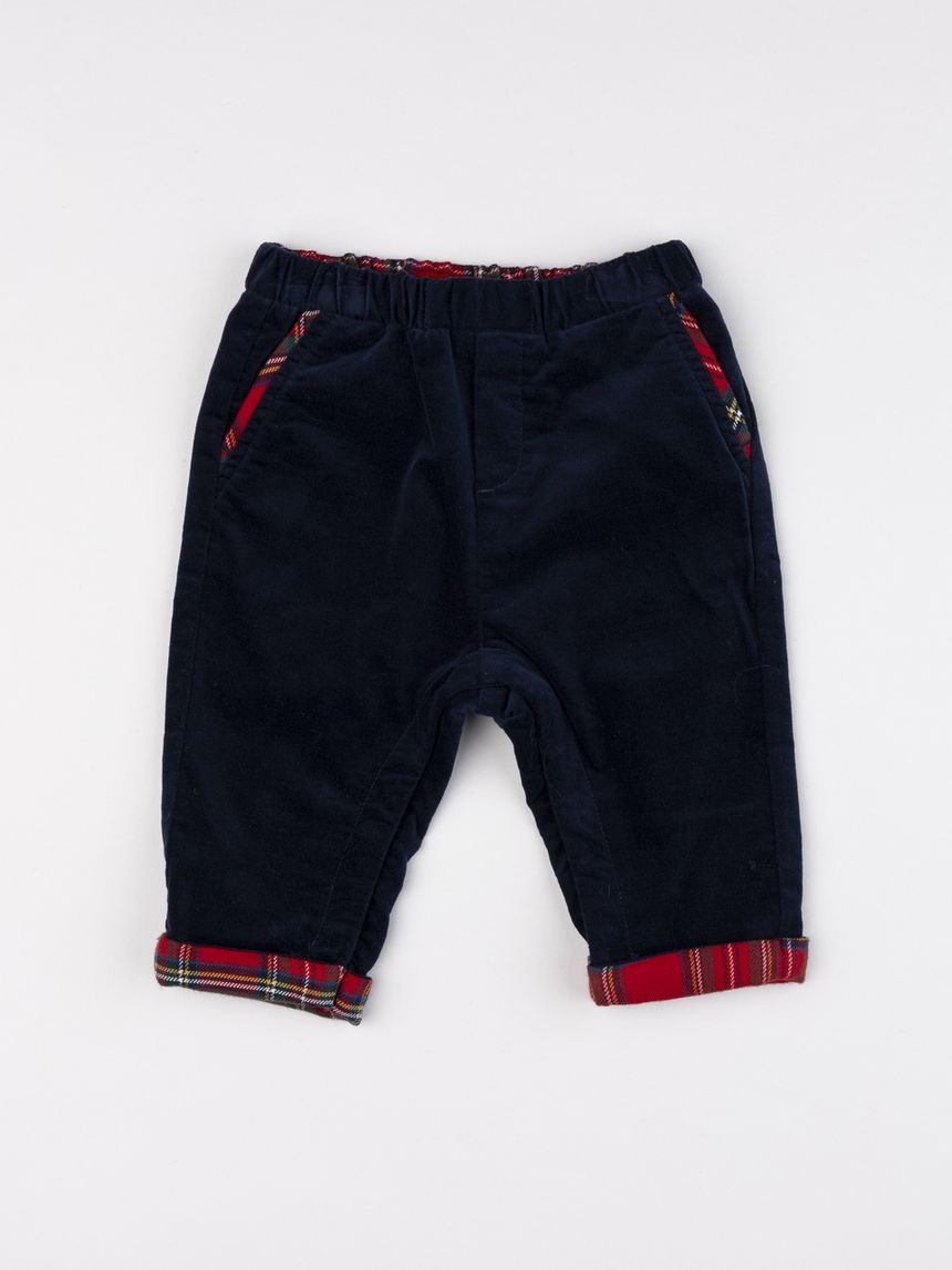 Pantalone classico blu scuro con dettagli scozzesi da bimbo