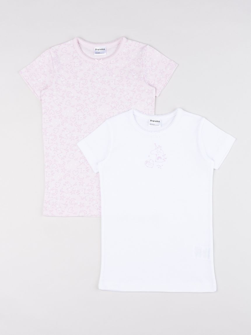 Set 2  t-shirt intime da bambina bianco/rosa unicorni