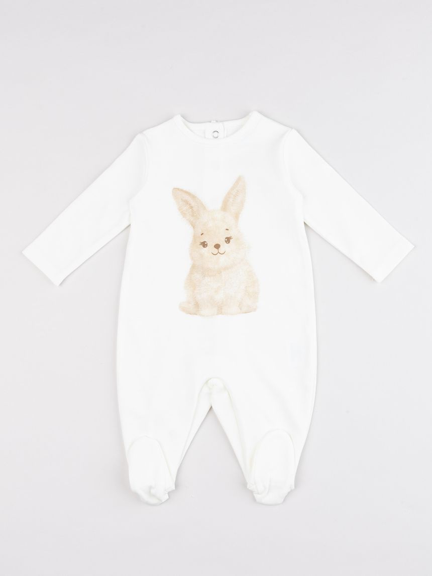 Tutina neonato in cotone bianco con stampa coniglietto beige