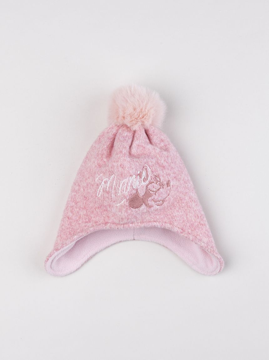 Cappello bambina rosa con paraorecchie e ricamo minnie