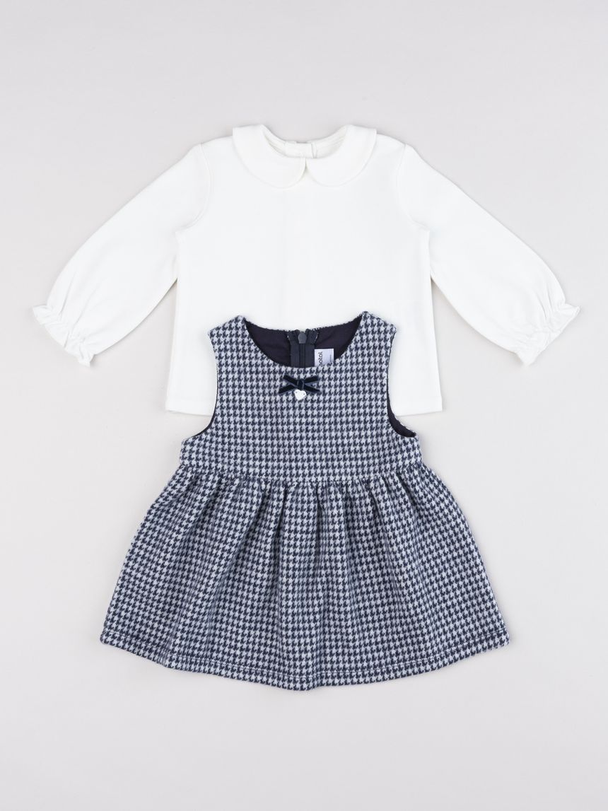 Completo 2 pezzi neonata lupetto bianco e vestito pied-de-poule