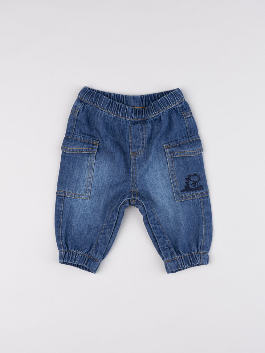 Pantalone denim neonato con ricamo dinosauro