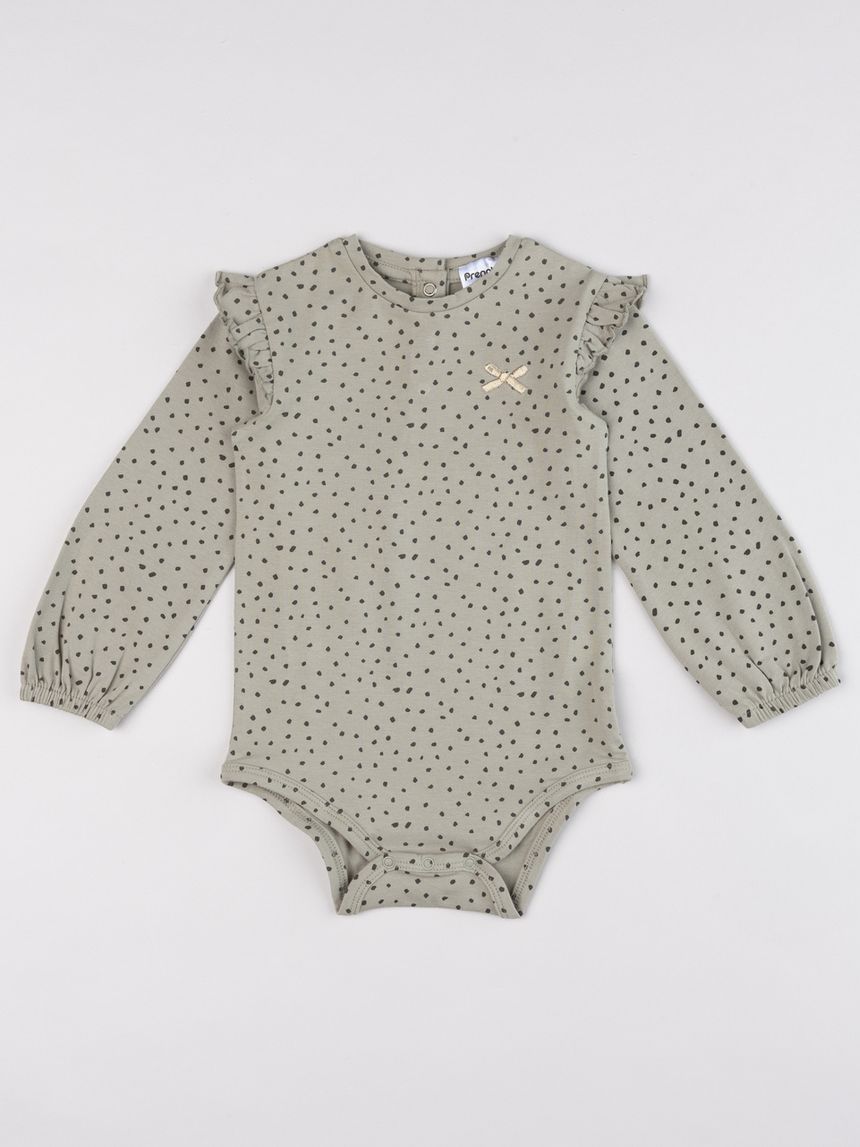Body bimba manica lunga verde con micro fantasia e volant