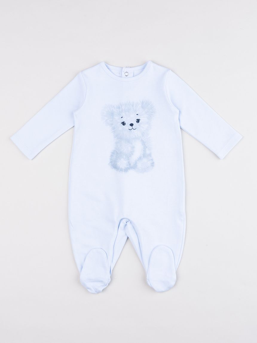 Tutina neonato in cotone azzurro chiaro con stampa orsetto