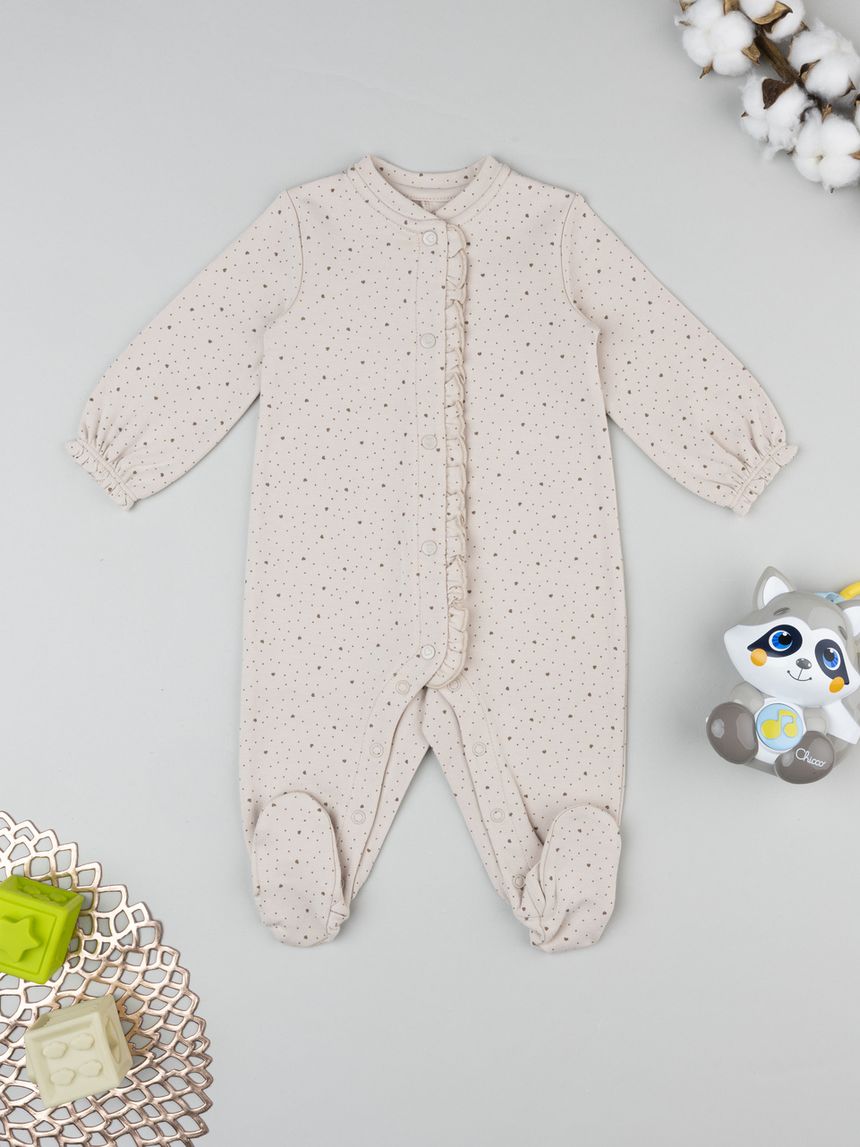 Tutina bimba neonata maniche lunghe beige cuori allover