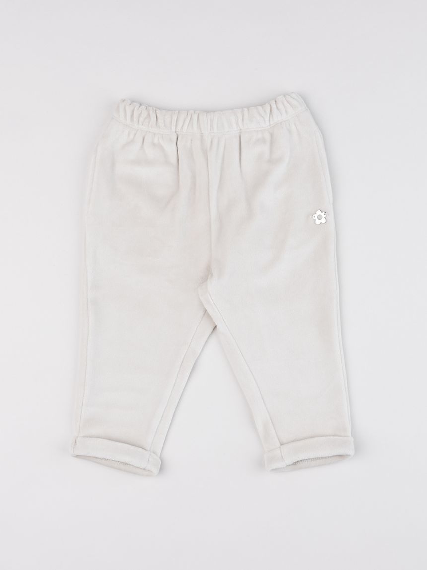 Pantalone ciniglia bimba beige con margherita