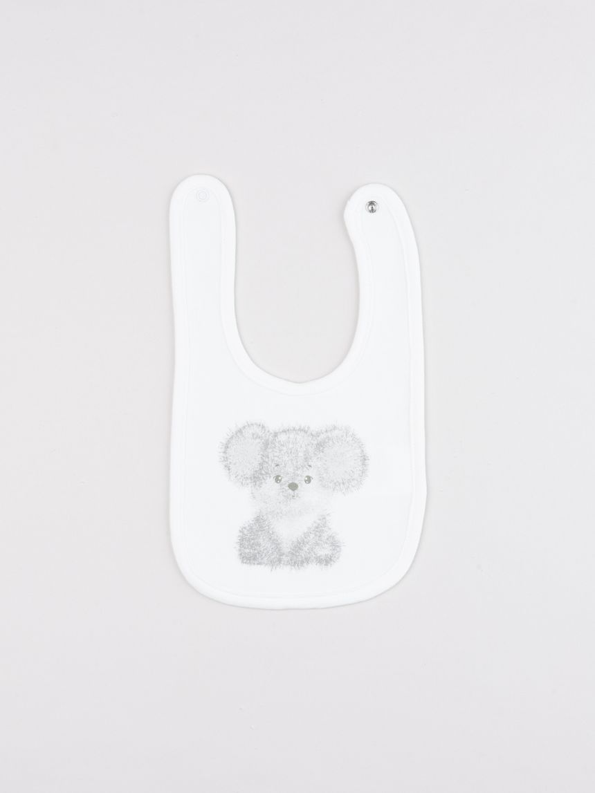 Bavaglino neonato in cotone bianco con stampa koala grigio