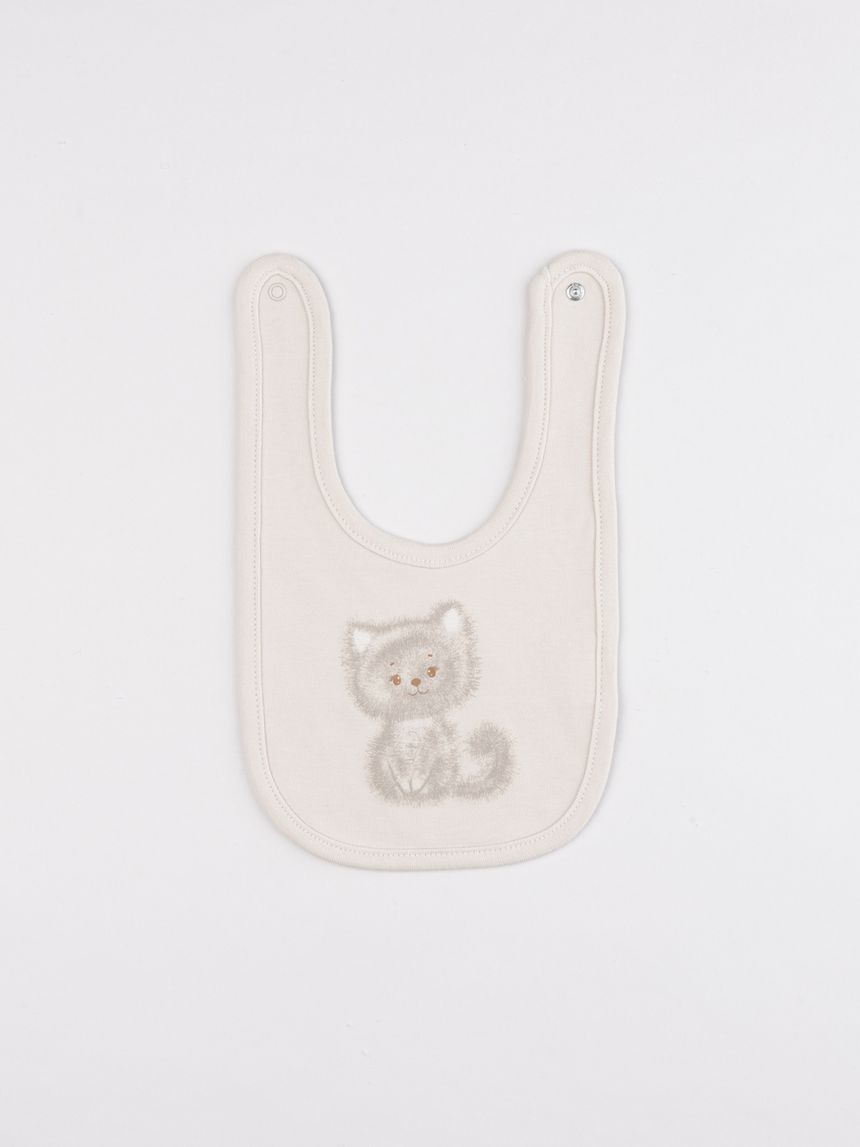 Bavaglino neonato in cotone beige con stampa gattino