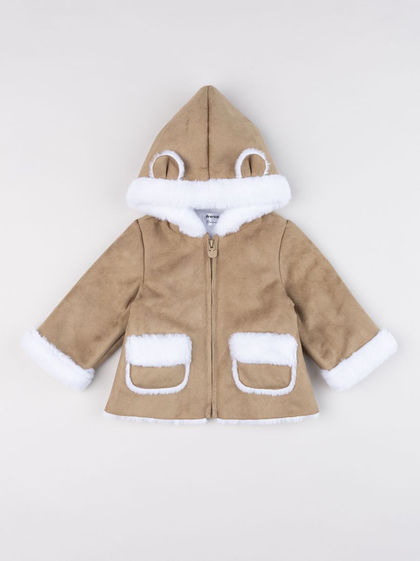 Cappotto neonato effetto scamosciato cappuccio "orsetto"