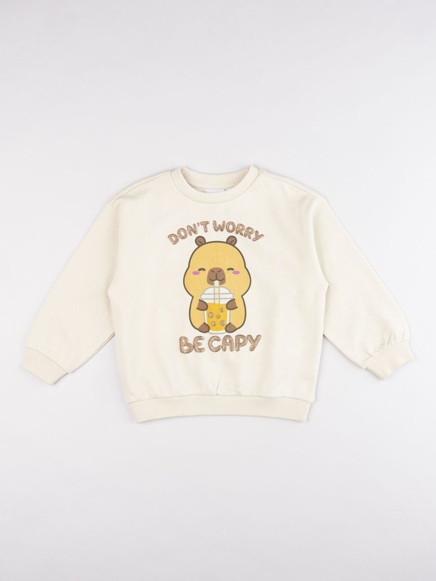 Felpa girocollo bambina capibara "don't worry be capy" panna