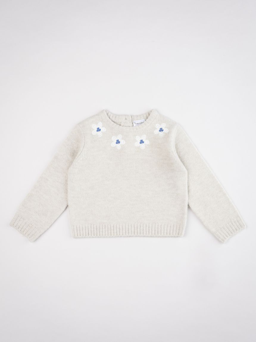 Maglioncino in maglia beige bimba con fiorellini ricamati