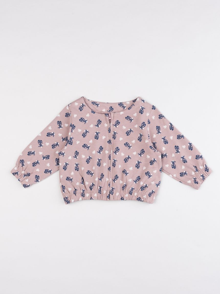 Cardigan garzato zip bambina rosa in cotone con stampa scarpette