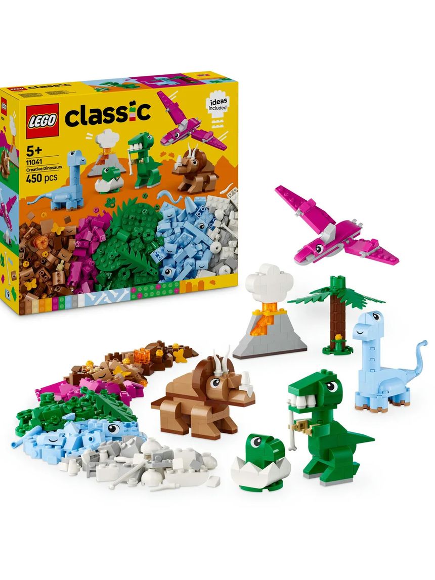 Lego classic 11041 dinosauri creativi, giochi bambini 5+, colorati animali giocattolo da costruire come t. rex e triceratopo