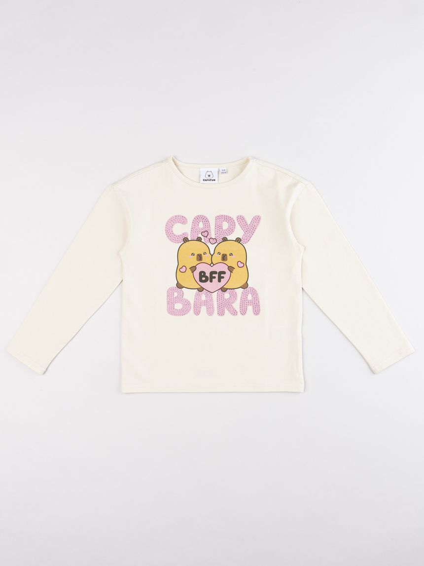 Maglia bambina a maniche lunghe panna con grafica capybara "bff"