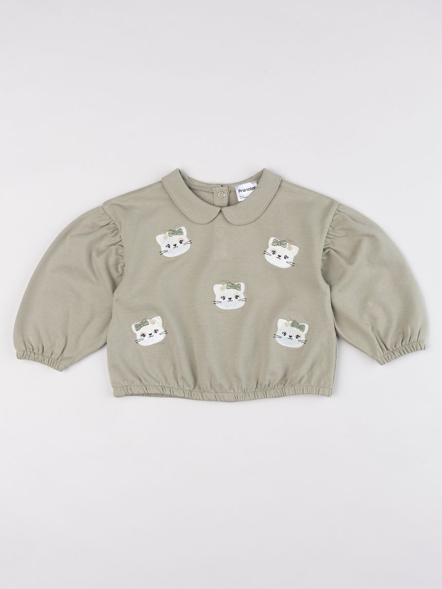 Felpa bimba verde con colletto e pattern gatti