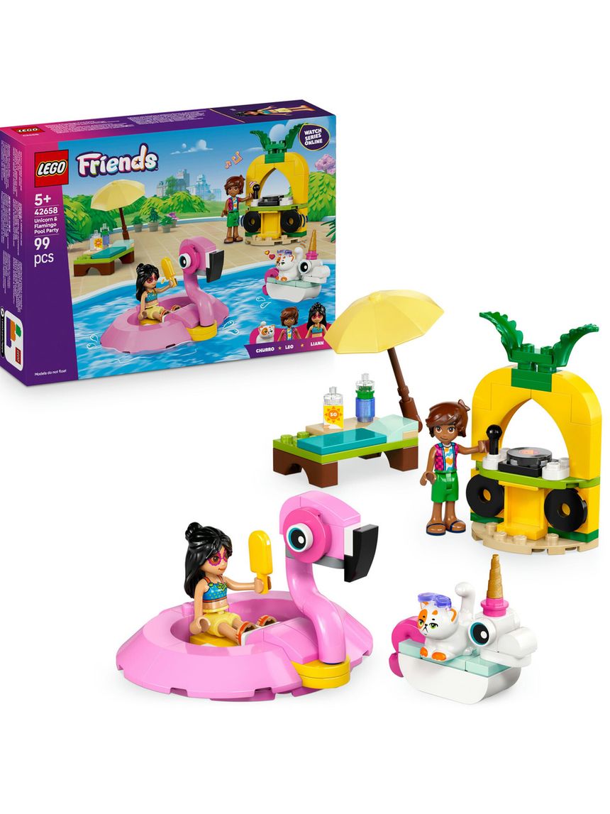 Lego friends 42658 pool party unicorno: 2 mini bamboline, gatto 5+