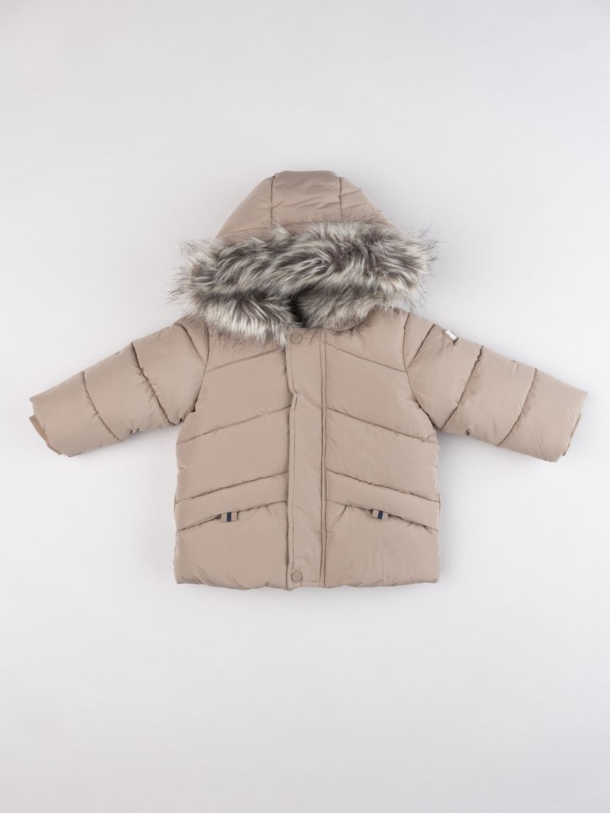 Giubbotto imbottito bimbo beige con cappuccio in finta pelliccia