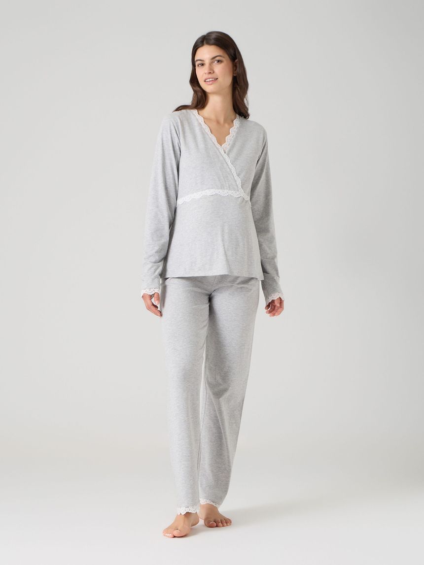 Pigiama due pezzi allattamento grigio chiaro melange con pizzo
