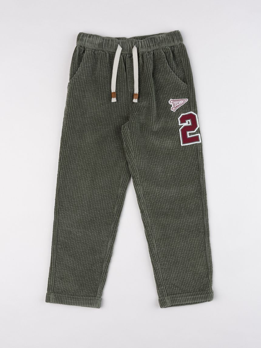 Pantaloni bambino in velluto a coste verde militare "varsity"