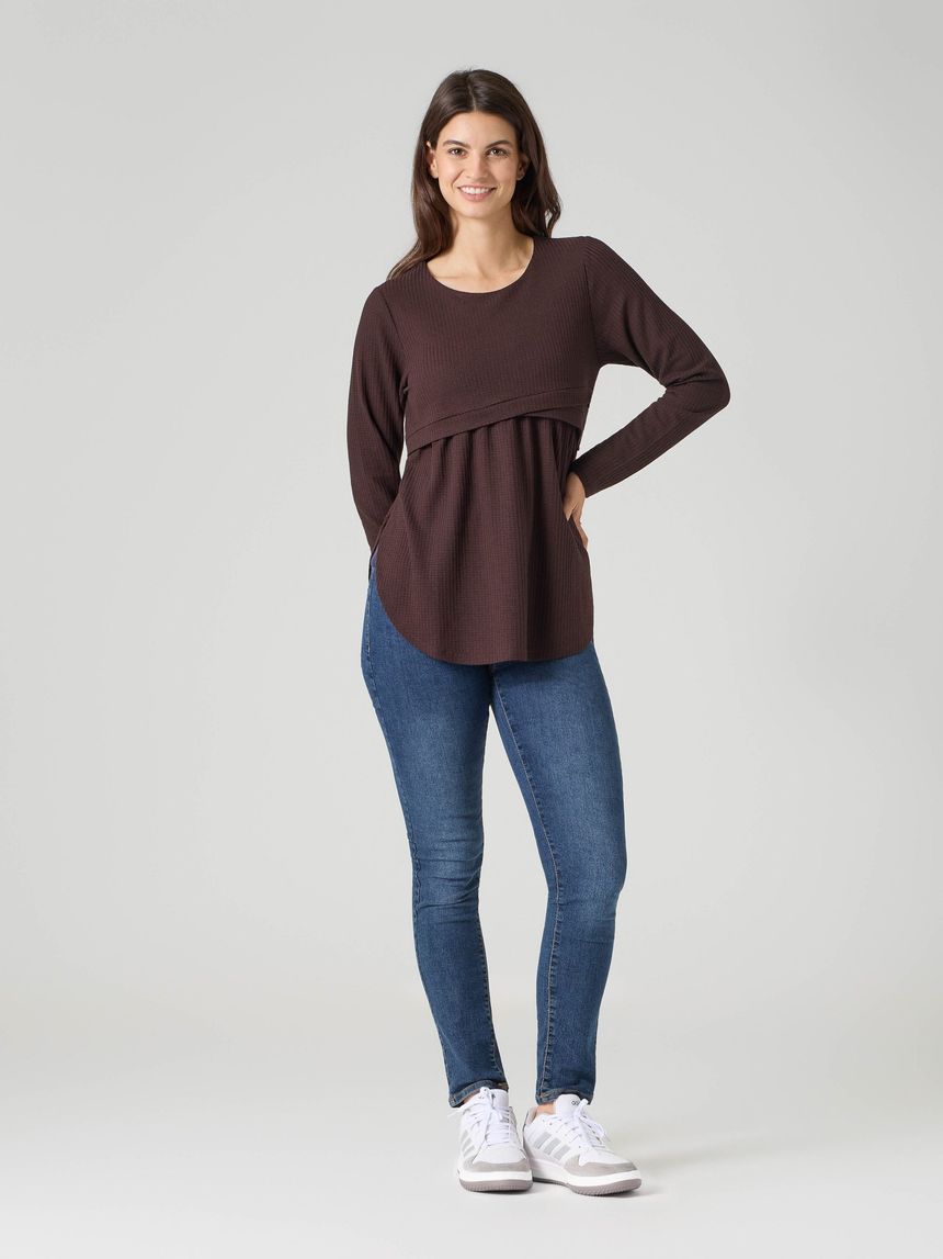 T-shirt allattamento a manica lunga marrone tessuto waffle