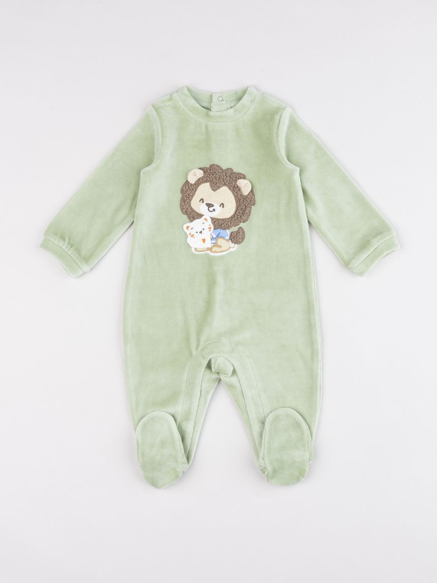 Tutina neonato verde in ciniglia leone