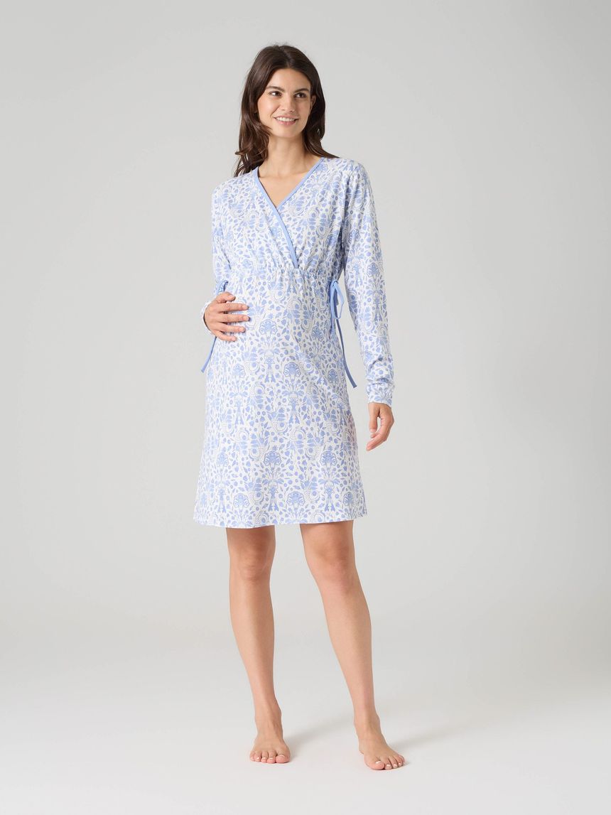 Camicia da notte allattamento garden fiori azzurri  a maniche lunghe panna