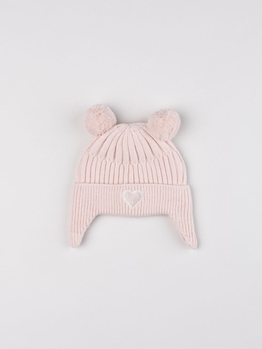 Cappellino  neonata in maglia rosa con doppi pompon