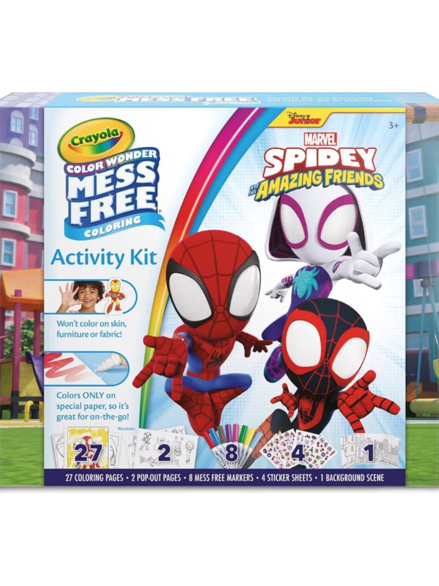Crayola, color wonder, activity set, spidey, 40+ pezzi, pagine da colorare, pennarelli senza macchia, adesivi, personaggi pop-up