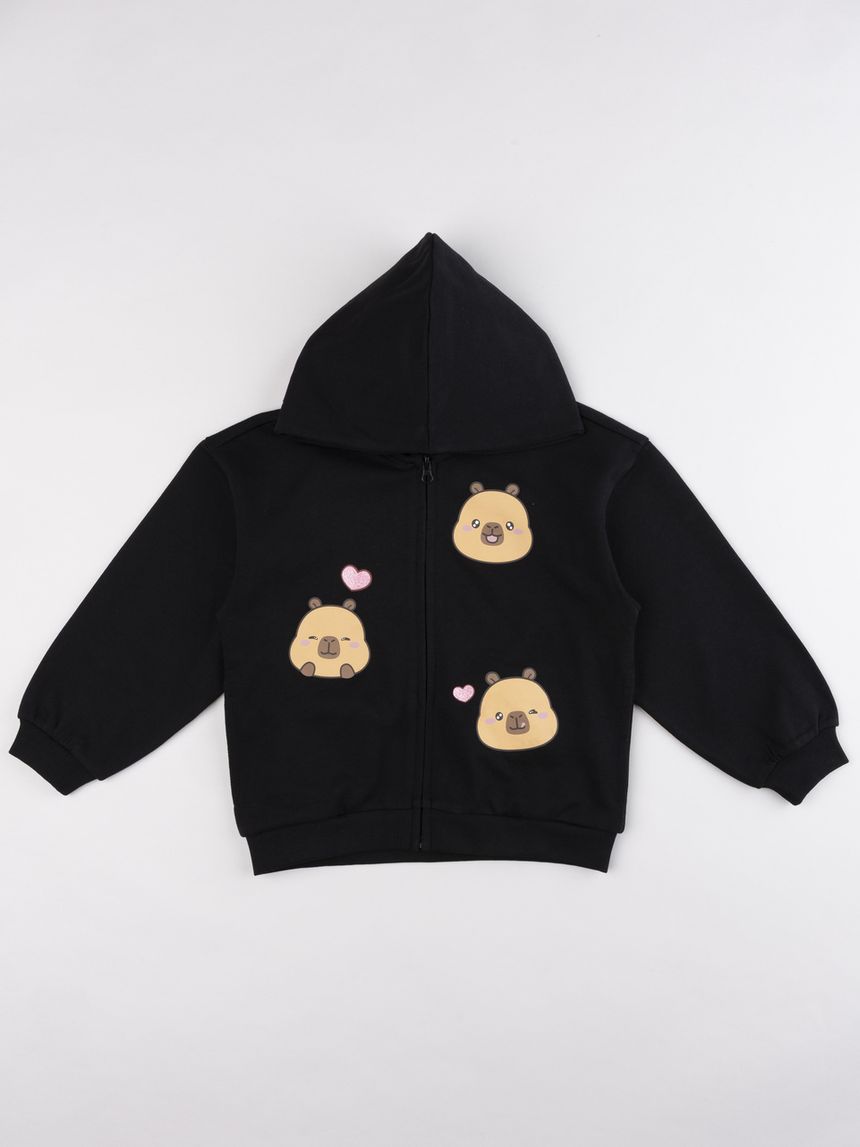 Felpa bambina nera con cappuccio e zip grafica capybara e cuoricini