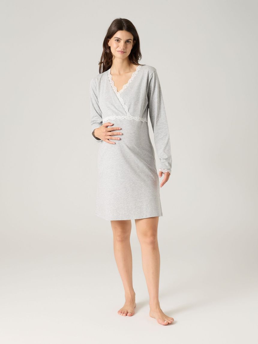 Camicia da notte premaman a maniche lunghe grigio chiaro melange con pizzo