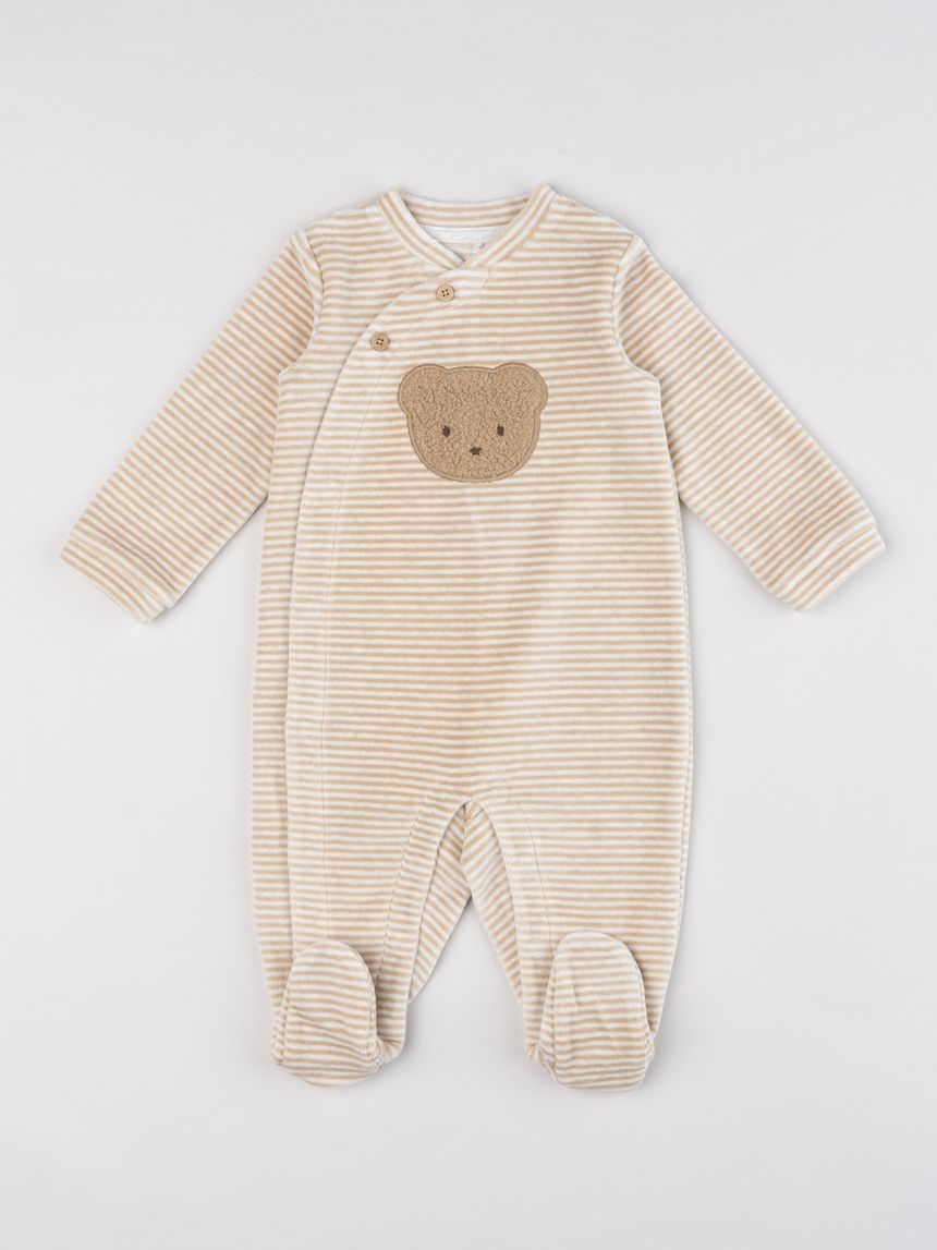 Tutina neonato in ciniglia beige a righe "teddy bear"