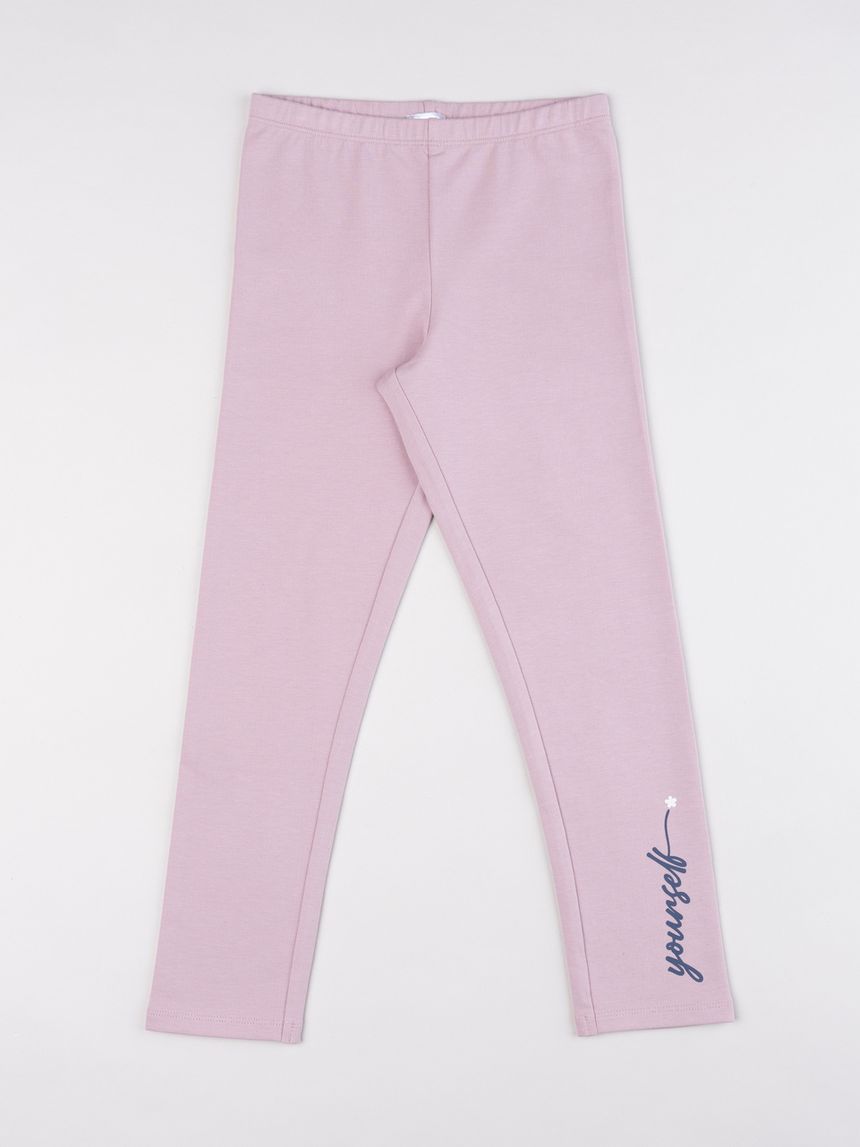 Legging garzati con scritta "yourself" e fiore rosa chiaro bambina