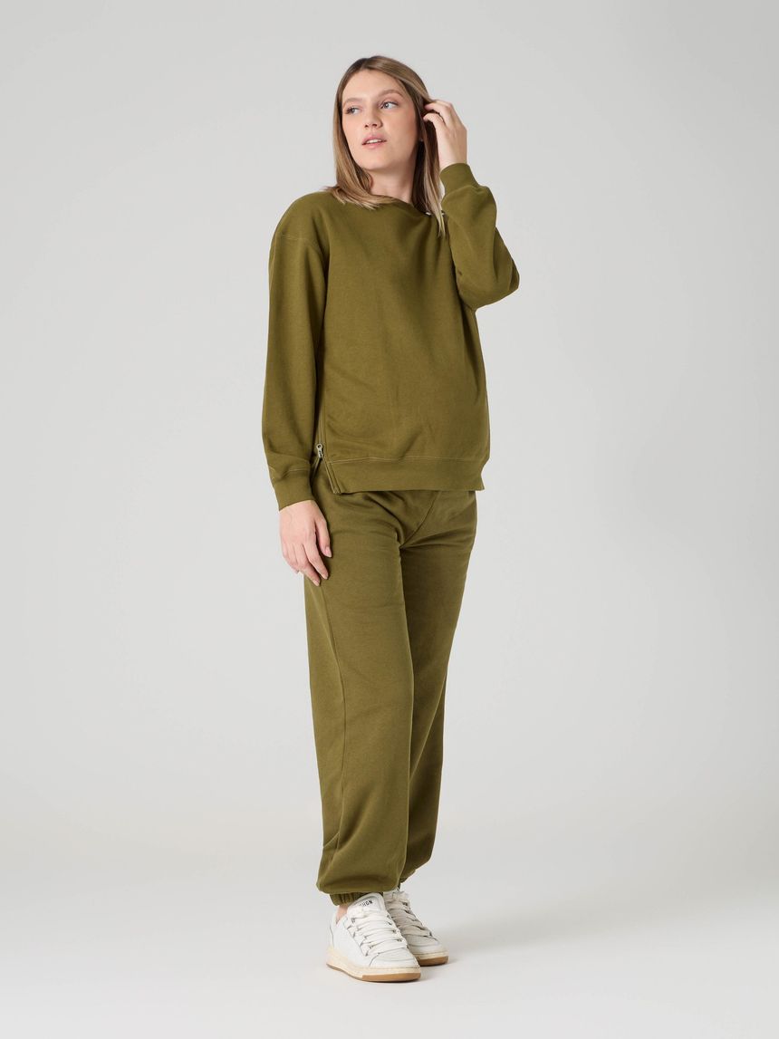 Pantalone premaman in felpa con fascia addominale verde militare