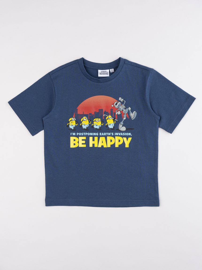 T-shirt bambino blu notte con grafica minions  "be happy"